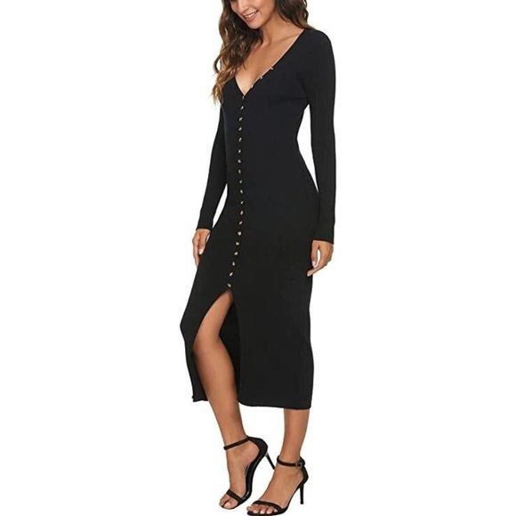 Black Deep V Neck Button Down Long Knit Bodycon Dress / Long Sleeve  Siz… - Picture 16 of 16